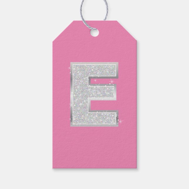 ÉTIQUETTES-CADEAU LETTRE ARGENT ROSE E (Devant)