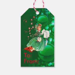 Étiquettes-cadeau Lettre postale Vintage Christmas Lady Vert