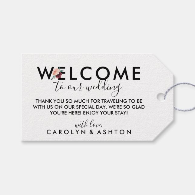 Étiquettes-cadeau Lettres de fleurs | Bienvenue au Mariage Maroon (Devant (Horizontal))