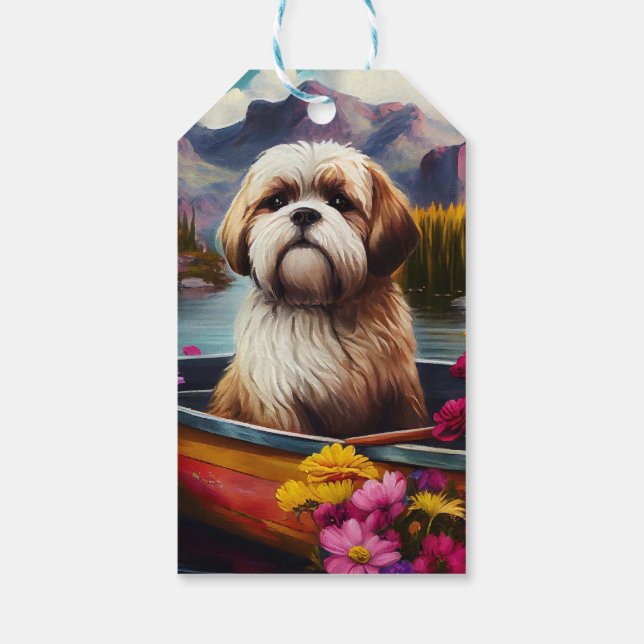 Étiquettes-cadeau Lhassa Apso sur une rame : une aventure Pittoresqu (Dos)