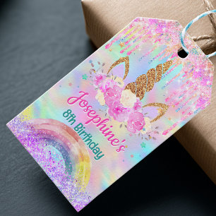 Étiquettes-cadeau Licorne arc-en-ciel rose aqua anniversaire