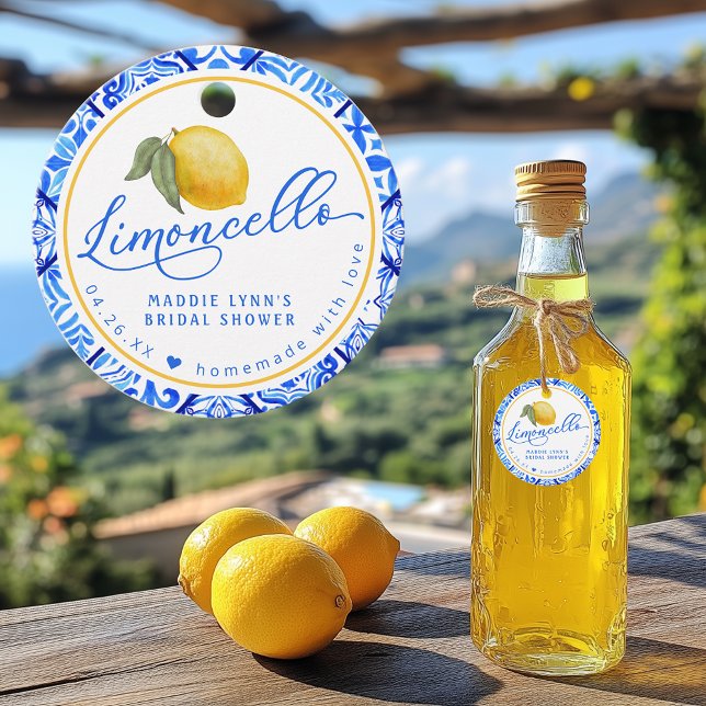 Étiquettes Cadeau Limoncello Fête des mariées personnalisée Favorise (Shown on 2-inch circle tags)