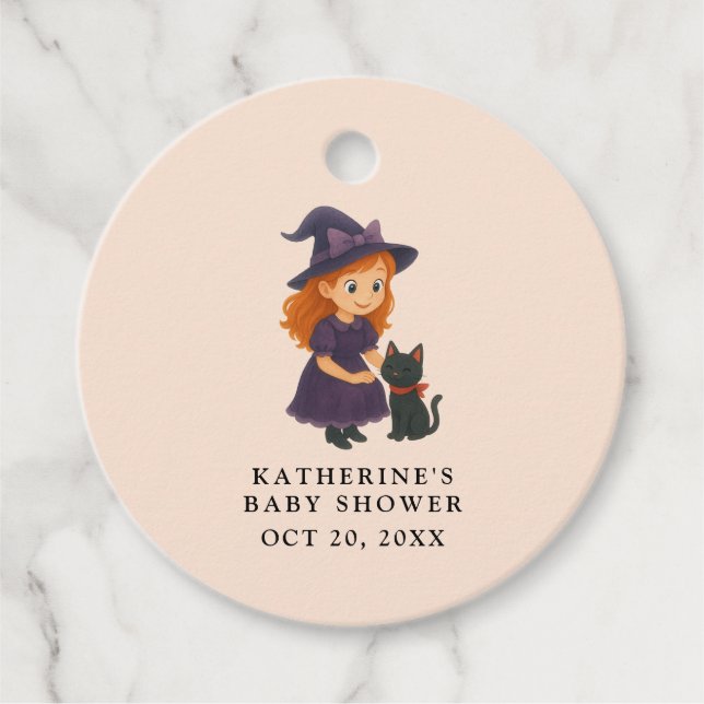 Étiquettes Cadeau Little Witch & Cat | Baby shower fille d'Halloween (Devant)