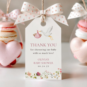 Étiquettes-cadeau Livraison de la cigogne rose Floral fille Baby sho