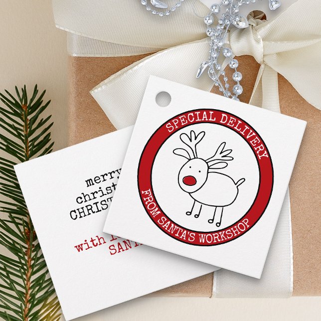 Étiquettes Cadeau Livraison spéciale de Père Noël personnalisée (Special Delivery from Santa's Workshop gift tags with red nosed reindeer)