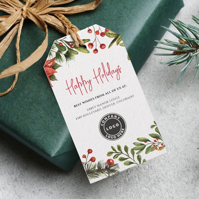 Étiquettes-cadeau Logo d'affaires Fêtes de Noël Entreprise (Business Logo Christmas Red Berries Greenery Gift Tag)
