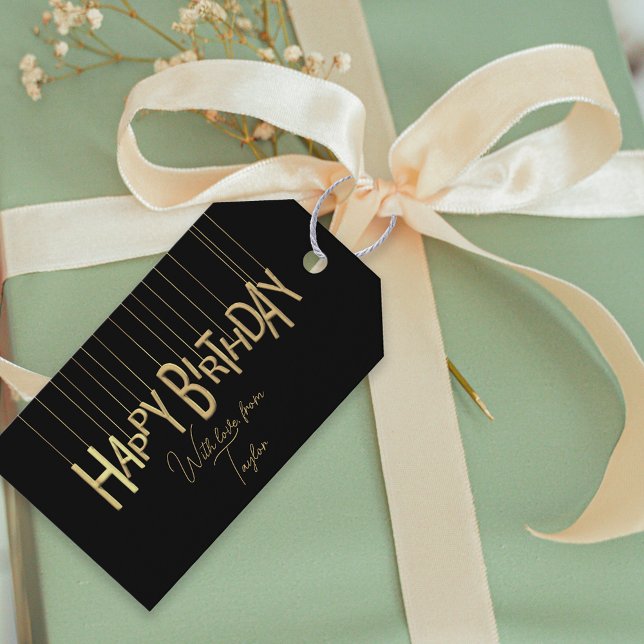 Étiquettes-cadeau L'or Hanging Lettering sur le noir Joyeux annivers (Créateur téléchargé)
