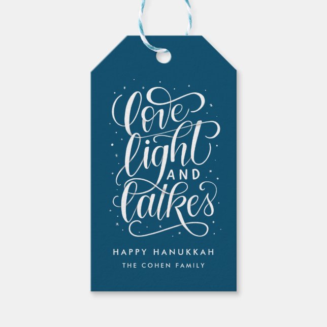 Étiquettes-cadeau Love Light et Latkes sur Blue Hanoukka (Devant)