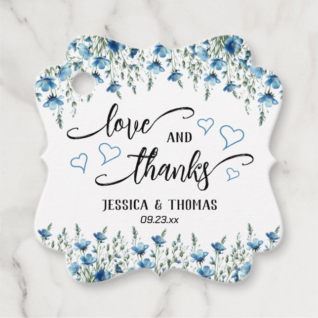 Étiquettes Cadeau Love & Merci Rustic Blue Boho Fleur sauvage Mariag (Devant)