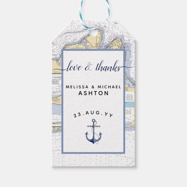 Étiquettes-cadeau Love & Thanks Nautical Chart Ancre Mariage d'événe (Devant)