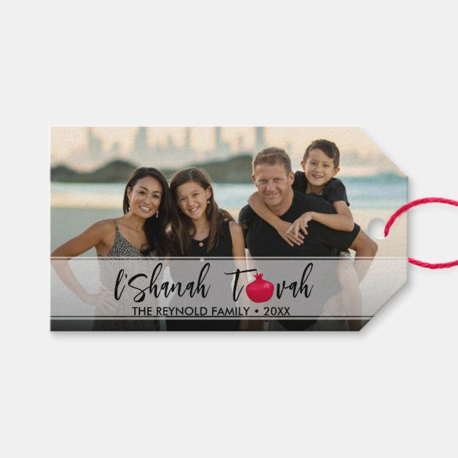 Étiquettes-cadeau L'Shanah Tovah Grenade Élégante Script Photo (Devant (Horizontal))