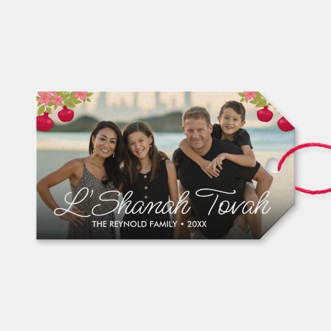Étiquettes-cadeau L'Shanah Tovah Script Photo Fleur de grenade (Devant (Horizontal))