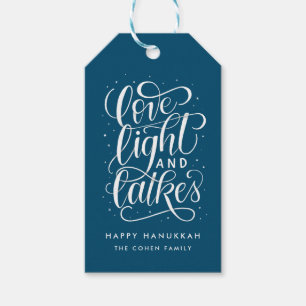 Étiquettes-cadeau Lumière et Latkes d'amour sur Hanoukka bleu