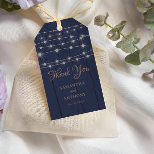 Étiquettes-cadeau Lumières de Chaîne Bleu Rustique & Or Merci