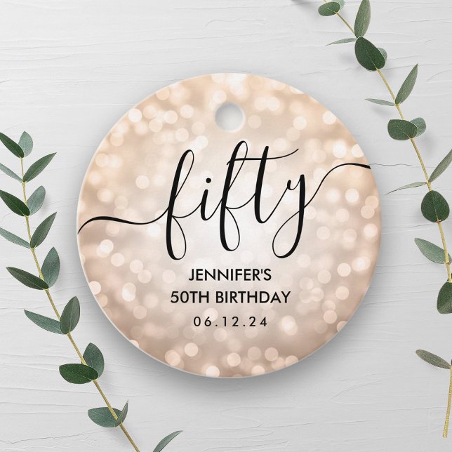 Étiquettes Cadeau Lumières de Parties scintillant or Rose moderne 50 (Modern Rose Gold Glitter Lights 50th Birthday Favor Tags)