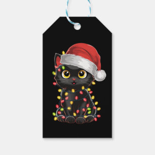 Étiquettes-cadeau Lumières de sapin de Noël de chat noir Drôle de ch