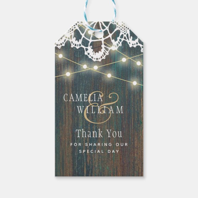 Étiquettes-cadeau LUMIÈRES EN BOIS RUSTIQUE LACE Merci Mariage (Devant)