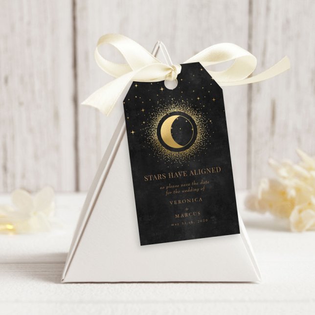 Étiquettes-cadeau Lune d'or céleste Enregistrer la photo de la date (Créateur téléchargé)