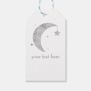 Étiquettes-cadeau Lune et Étoiles Argent et Blanc Céleste Baby Showe