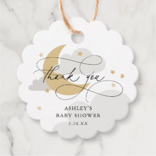 Étiquettes Cadeau Lune et étoiles Gris Script Baby shower Merci