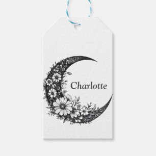 Étiquettes-cadeau Lune et fleurs Art avec nom personnalisable