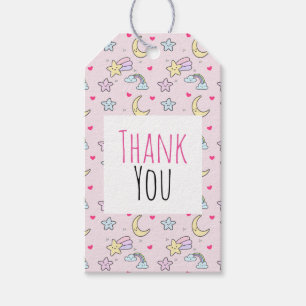 Étiquettes-cadeau Lune, étoiles et nuages Motif sur Merci rose