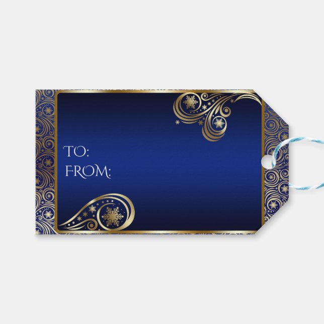 Étiquettes-cadeau Lux Gold et Blue Snowflake Solls (Devant (Horizontal))
