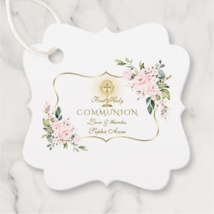 Étiquettes Cadeau Luxe Fleurs Rouges Gold Cross Holy Communion