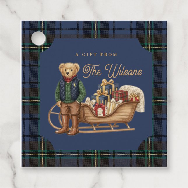 Étiquettes Cadeau Luxe Preppy Plaid Christmas Teddy Bear Photo Card (Devant)