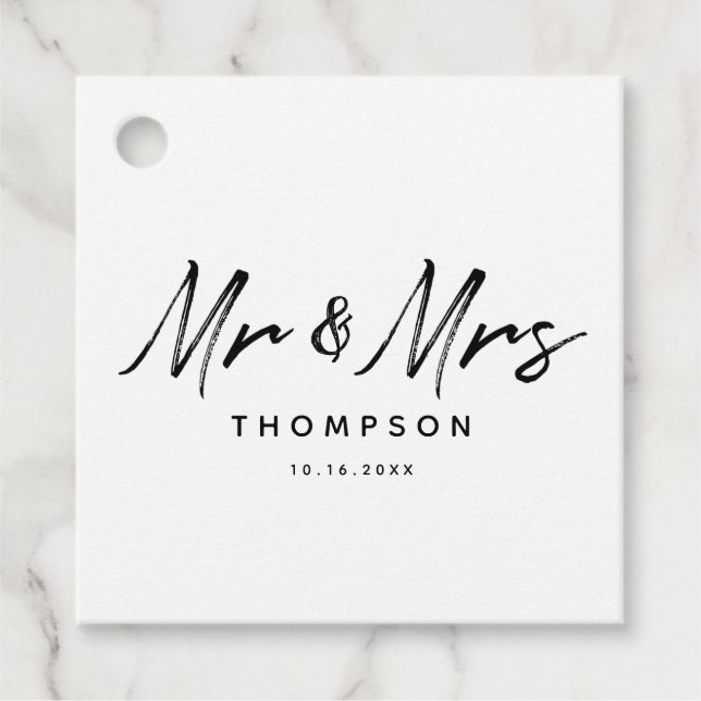 Étiquettes Cadeau M. & Mme Modern Black White Script Mariage (Devant)