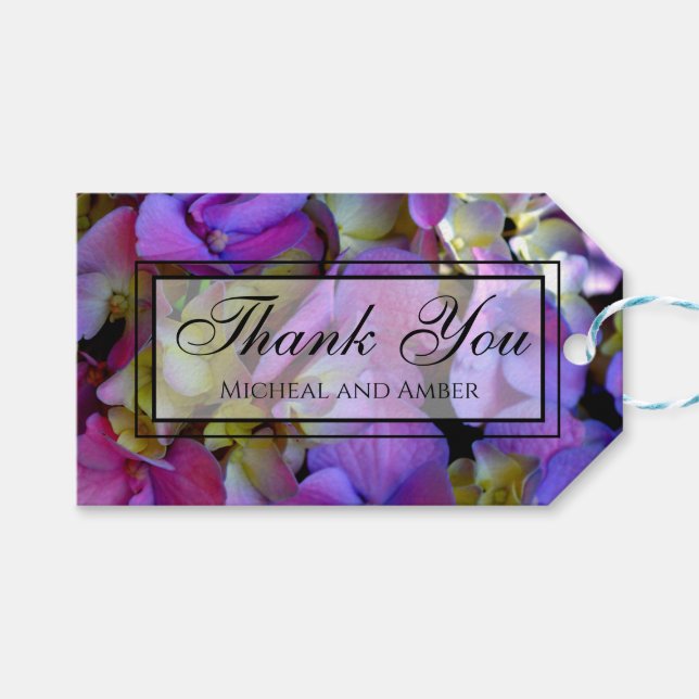 Étiquettes-cadeau Magenta Purple bleu jaune Hydrangeas fleurs (Devant (Horizontal))