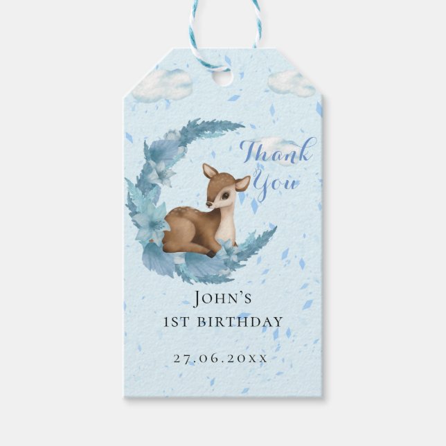 Étiquettes-cadeau Magical Blue Little Bambi nuages poussière Anniver (Devant)