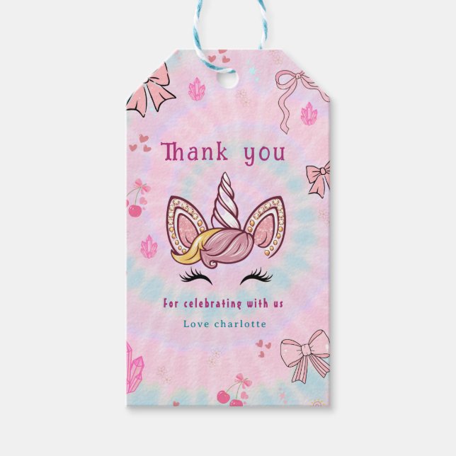 Étiquettes-cadeau Magical Tie Dye Unicorn Coquette Bow (Devant)