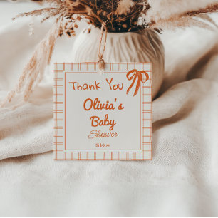 Étiquettes Cadeau Main Orange Rétro Tirée En vichy Baby shower Bow