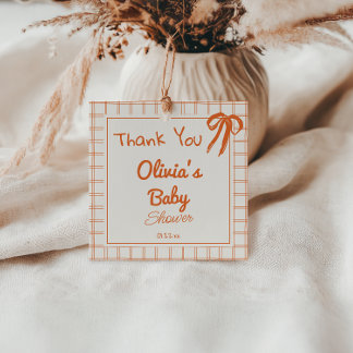 Étiquettes Cadeau Main Orange Rétro Tirée En vichy Baby shower Bow