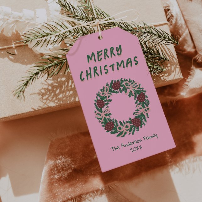 Étiquettes-cadeau Main tirée rose vert de Noël Vaches de couronne (Créateur téléchargé)