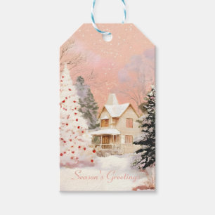 Étiquettes-cadeau Maison de Noël rose capricieuse en hiver