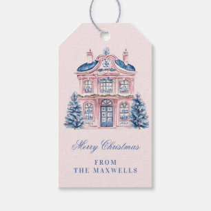 Étiquettes-cadeau Maison de Noël rose et bleu