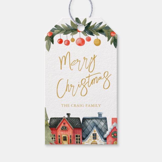 Étiquettes-cadeau Maison de vacances illustrée avec le nom Noël (Devant)