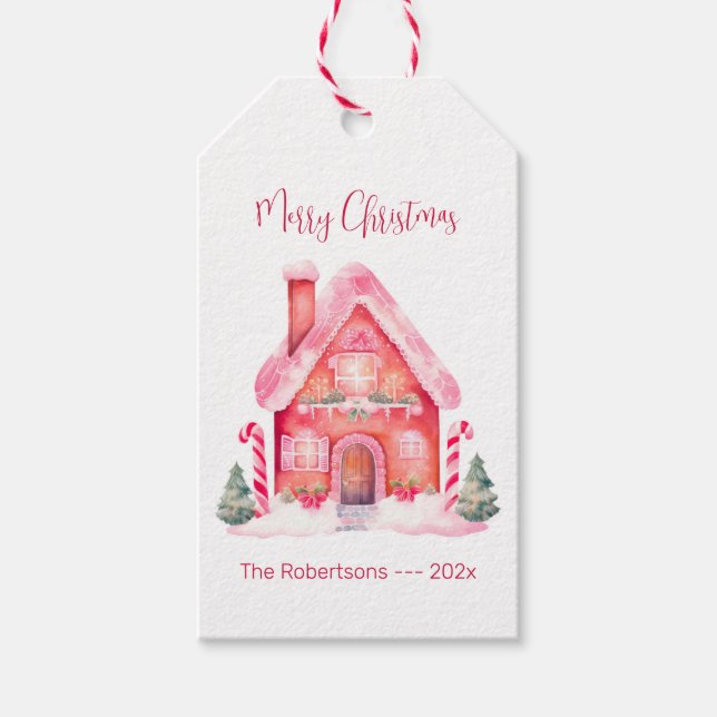Étiquettes-cadeau Maison en pain d'épices rose Noël (Devant)