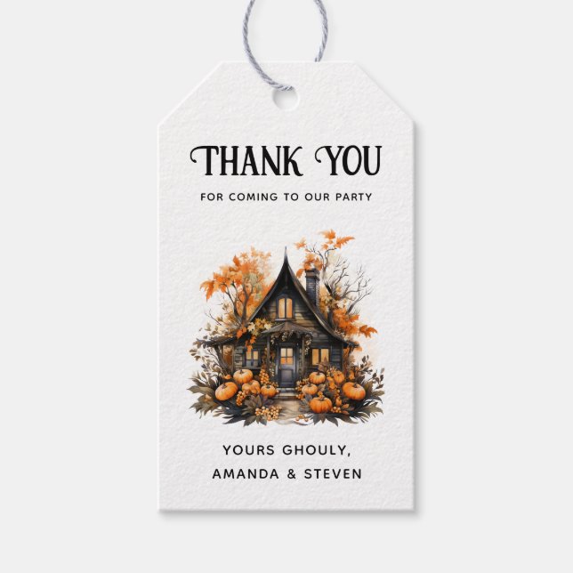 Étiquettes-cadeau Maison hantée avec Merci d'Halloween Citrouille (Devant)