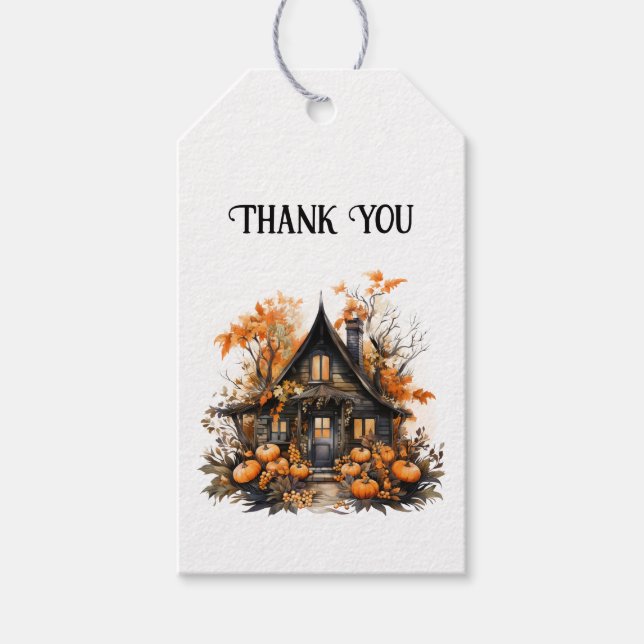 Étiquettes-cadeau Maison hantée d'Halloween avec Merci Citrouille (Devant)