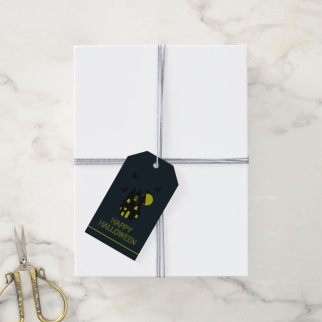Étiquettes-cadeau Maison hantée, Joyeux Halloween (Avec de la ficelle)