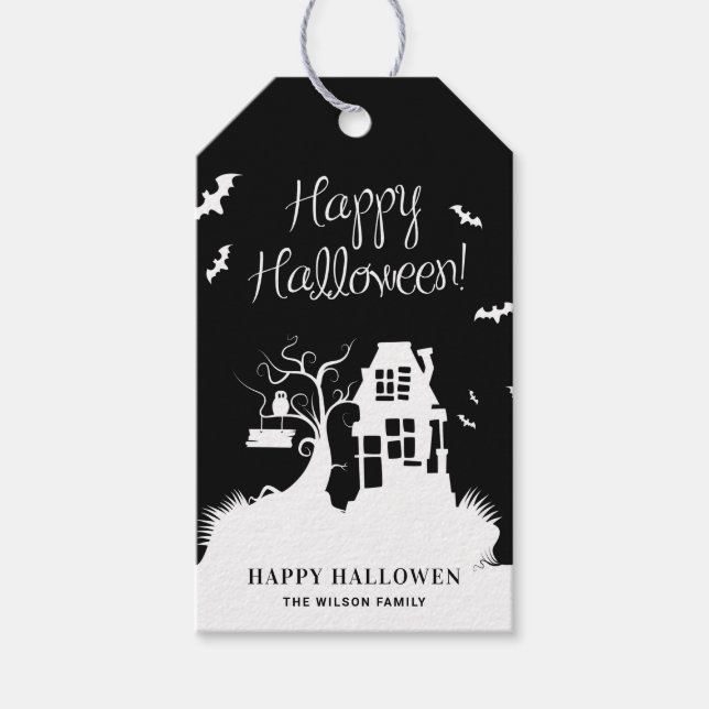 Étiquettes-cadeau Maison hantée noire et blanche Fête d'Halloween (Devant)