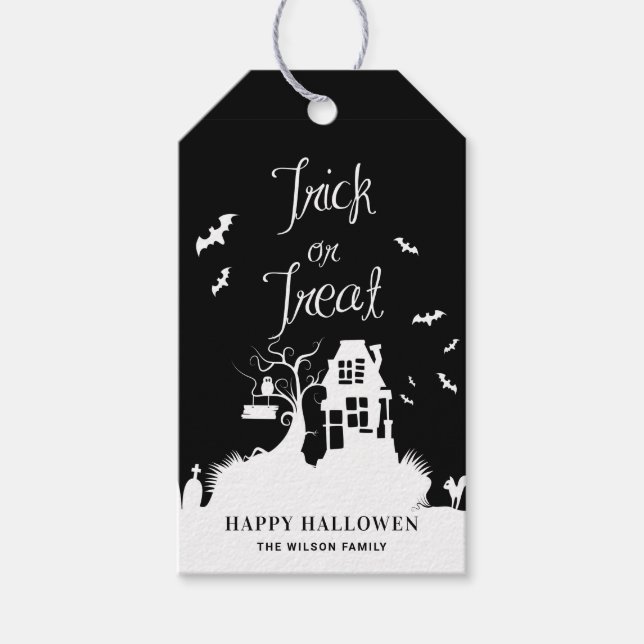 Étiquettes-cadeau Maison hantée noire Trick ou traitement Halloween (Devant)