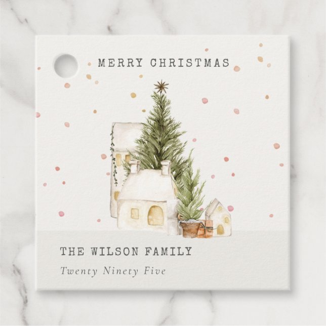 Étiquettes Cadeau Maisons de neige blanches Joyeux voeux de Noël (Devant)