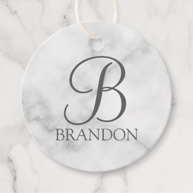 Étiquettes Cadeau Marbre blanc de script personnalisé Monogramme et  (Devant)
