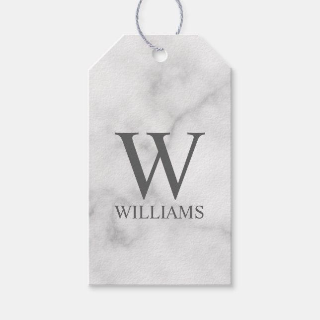 Étiquettes-cadeau Marbre blanc Monogramme personnalisé et nom (Devant)