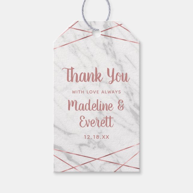Étiquettes-cadeau Marbre blanc Rose Gold Lines Geo Mariage Merci (Devant)