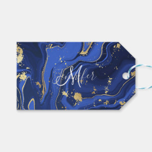 Étiquettes-cadeau Marbre d'Agate Blanc Bleu de minuit Abstrait